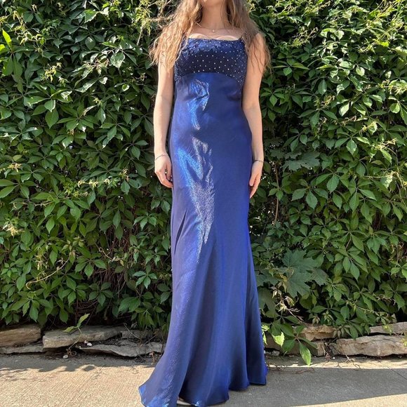 90s navy iridescent floor length prom dress - Picture 4 of 8